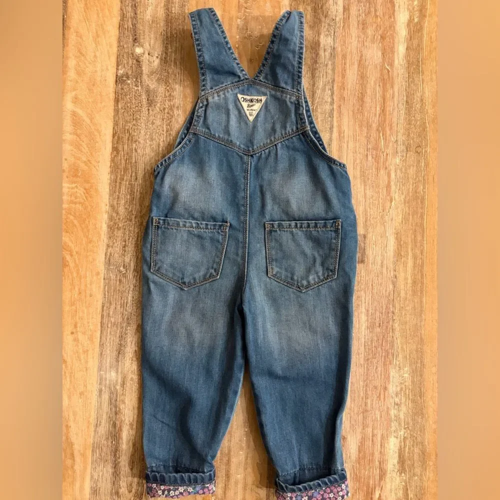OshKosh B'gosh Blue Denim Overalls with Floral Trim, Size 2T